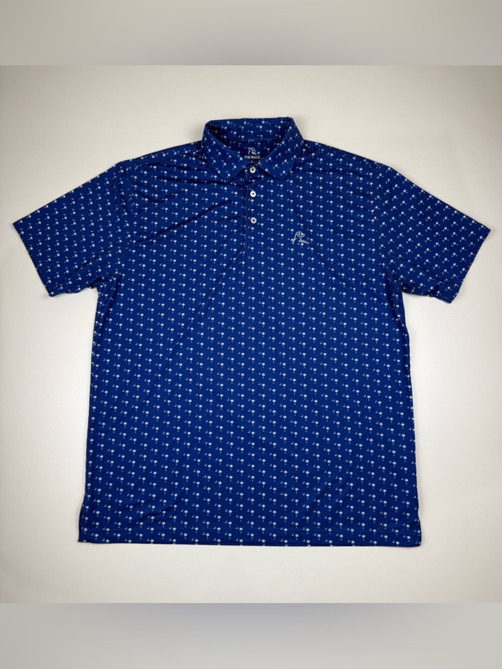 Rhoback Polo Shirt Mens Large Blue AOP Palm Tree Print Golf Performance Stretch